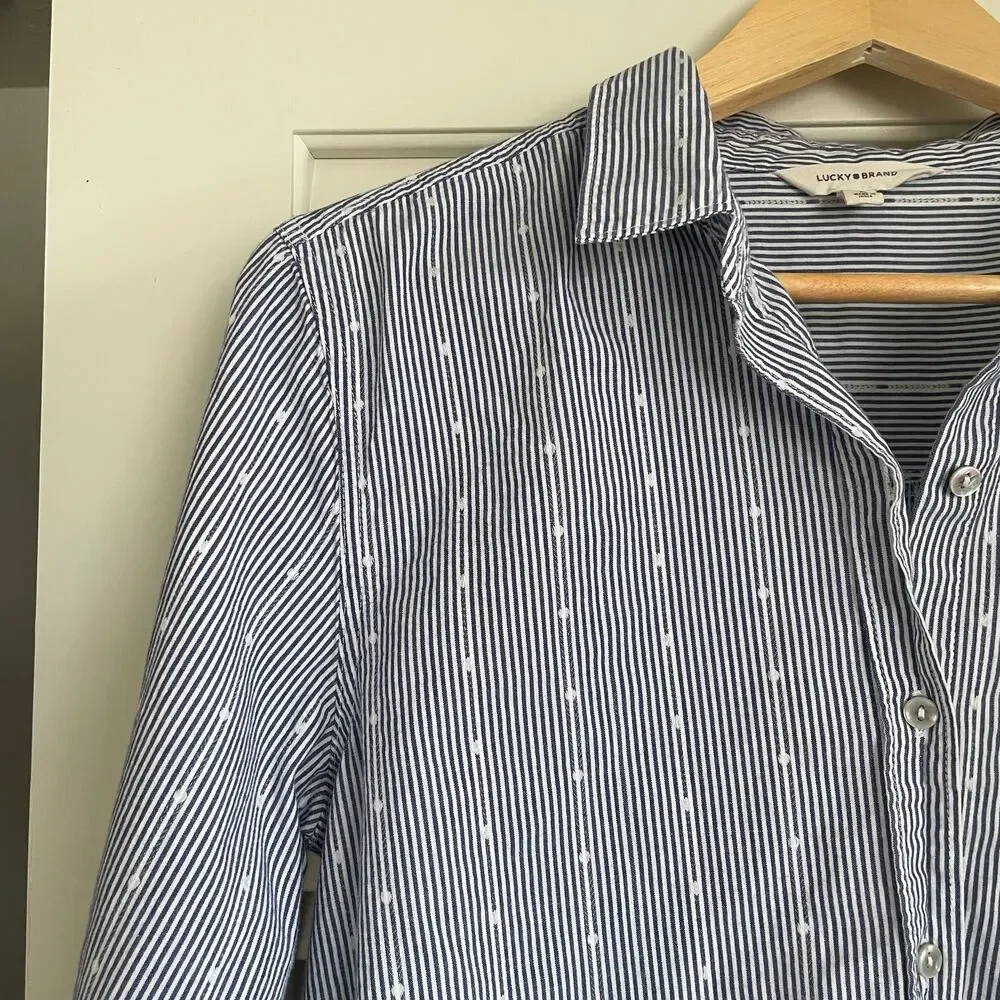 Lucky Brand Blue Striped Cotton Long Slv Shirt M Coastal Casual Western Preppy